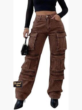 Cargo Rhinestone High Waisted Straight Leg Jeans Sparkly